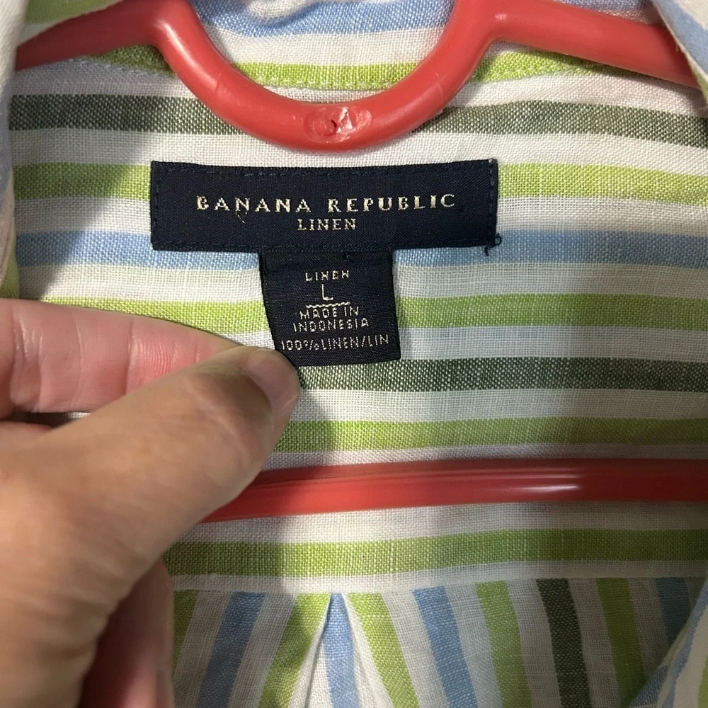 Banana Republic Green Striped Casual Button Down Shirt linen